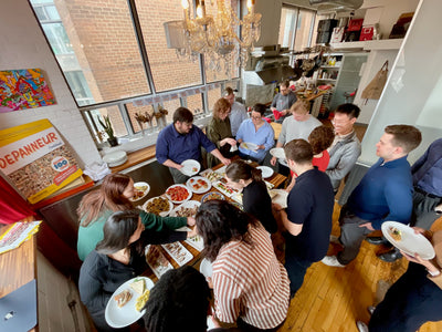 Overhead shot of group cooking